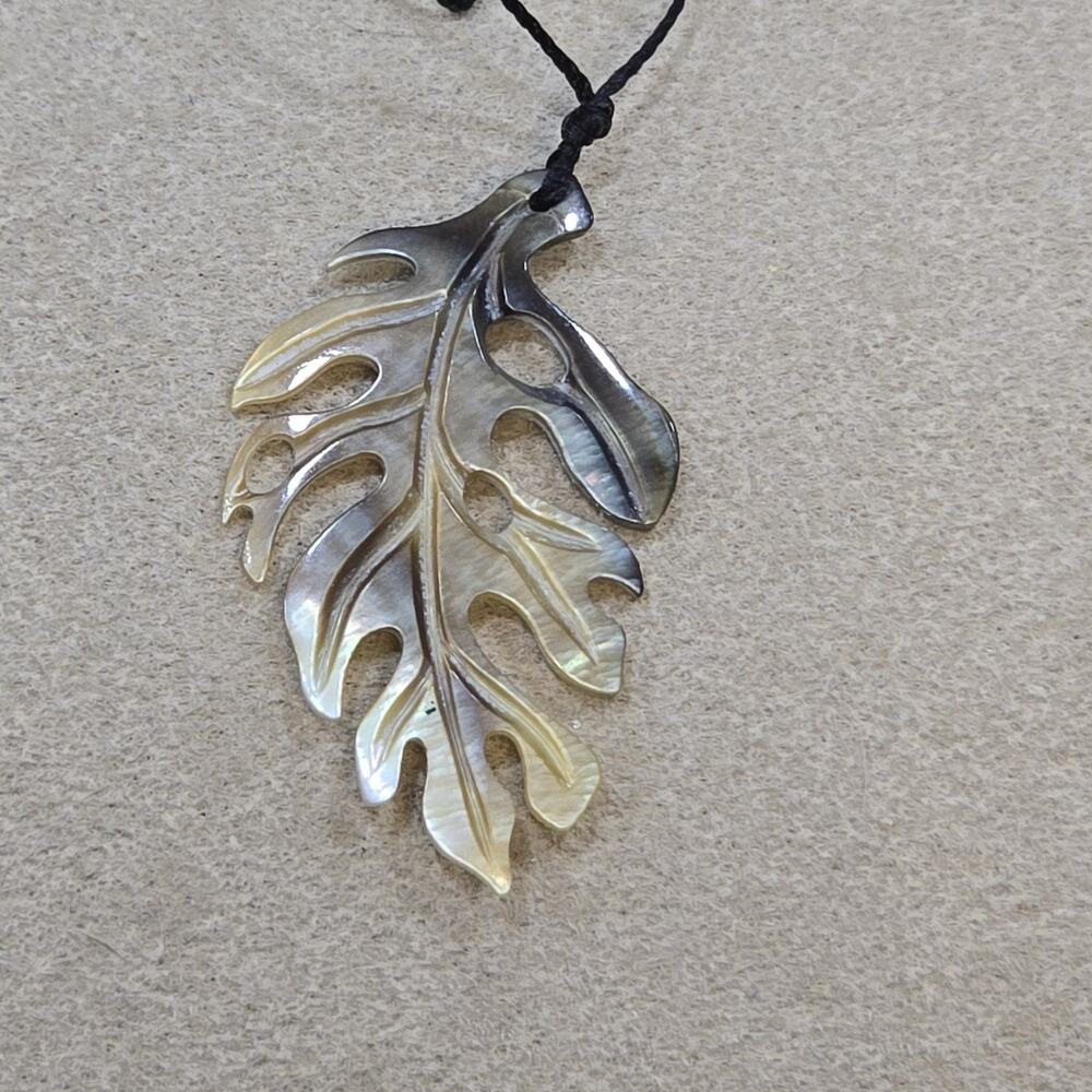 Carved Oyster Shell Hawaiian Monstera Pendant Delicate 17" Cord Necklace - Picture 6 of 11
